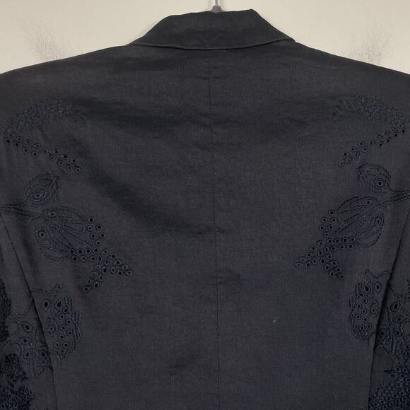 Elie Tahari Linen Blend Blazer Jacket Size 4 Navy Embroidered Eyelet Career Boho - Picture 8 of 11